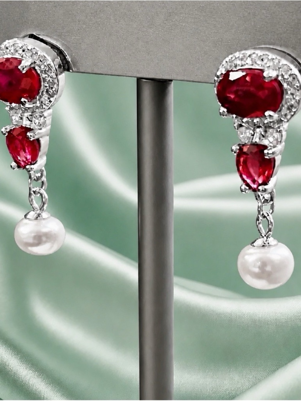 Genuine Ruby and Pearl Earrings. Rhodium over 925 Sterling Silver. Clear rubies.